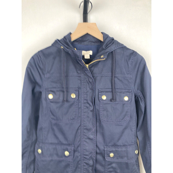 J. Crew Resin-Coated Twill Field Jacket with Hood XS Navy Blue Pockets Full Zip - Picture 3 of 12